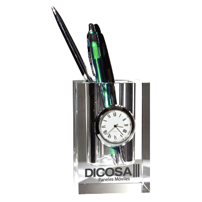 CLASSIC GLASS CRYSTAL PEN HOLDER WITH ANALOG CLOCK